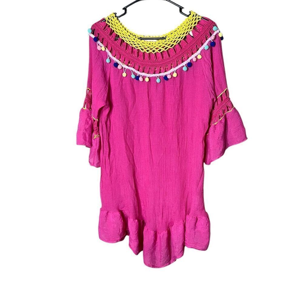 Finovas Pink Boho Pom Crochet Tunic Blouse‎ Size M
